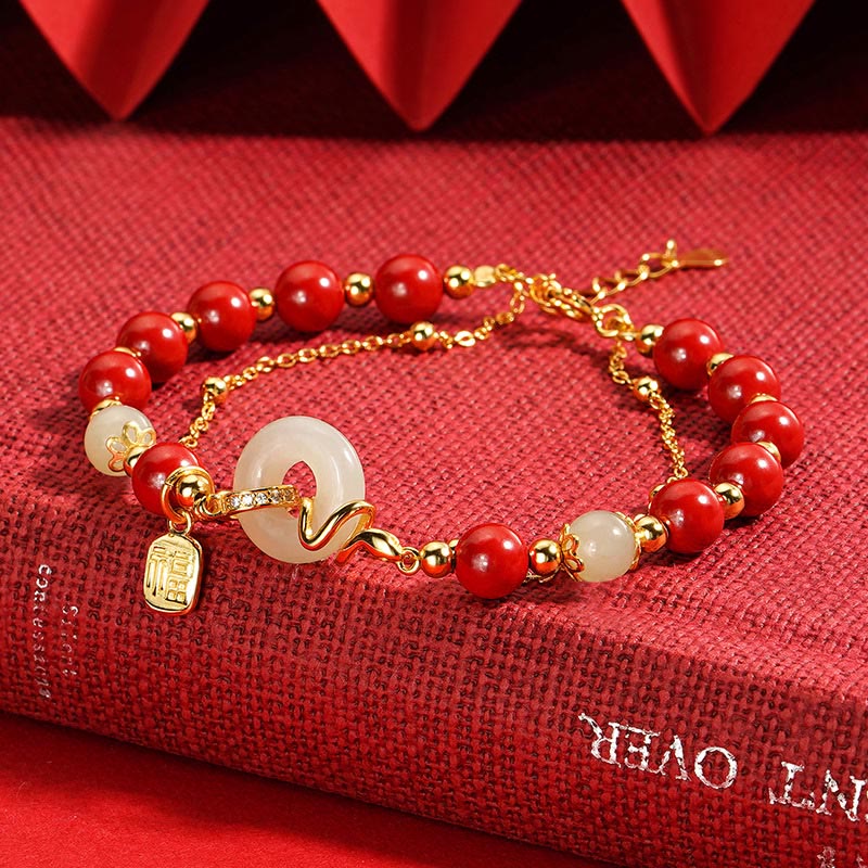 Buddha Stones Cinnabar Beads 925 Sterling Silver Hetian Jade Peace Buckle Fu Character Year Of Snake Calm Bracelet