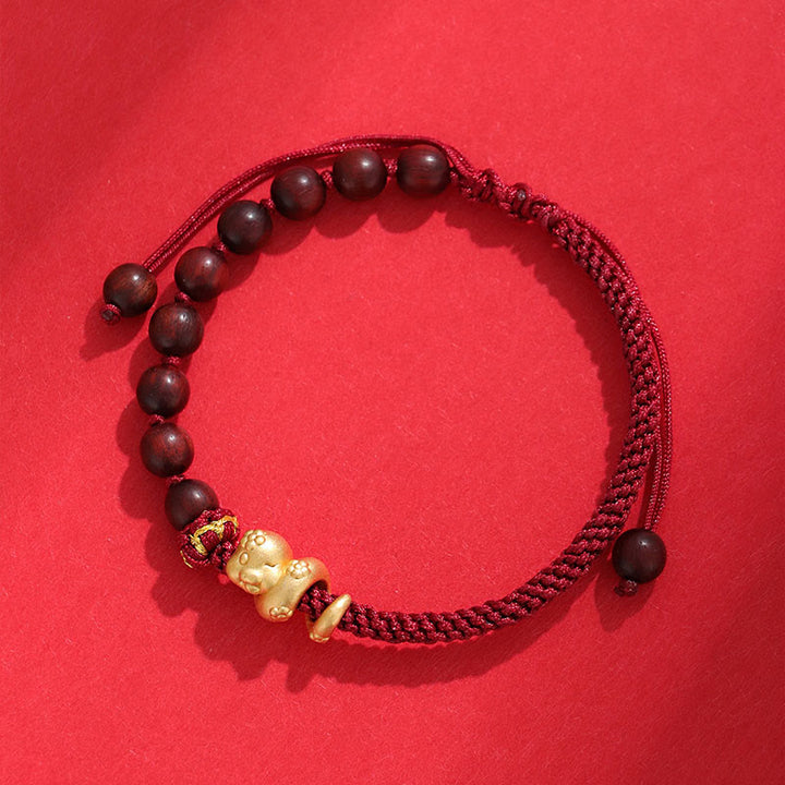 Buddha Stones Small Leaf Red Sandalwood Ebony Wood Beads 999 Year Of The Snake Cotton Rope Protection Braided Bracelet