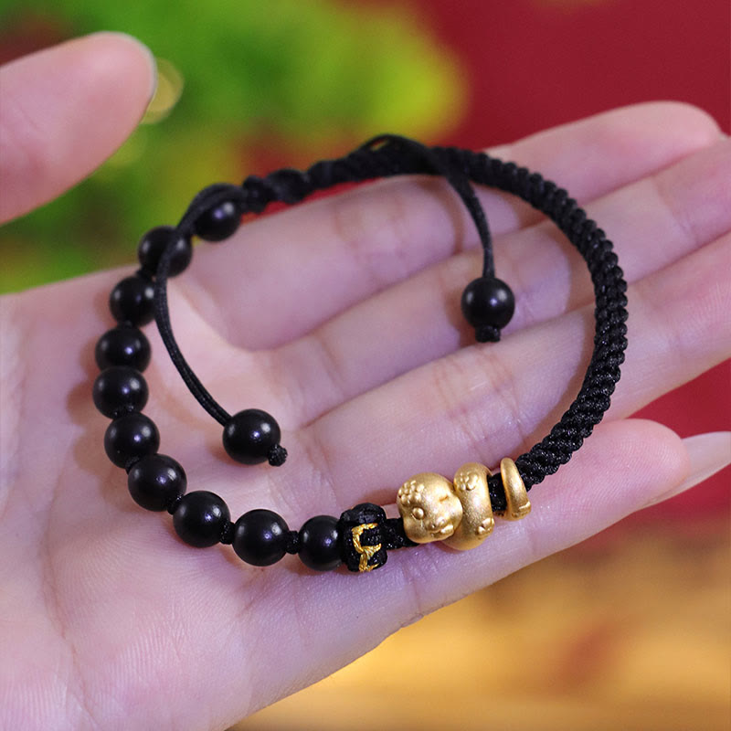 Buddha Stones Small Leaf Red Sandalwood Ebony Wood Beads 999 Year Of The Snake Cotton Rope Protection Braided Bracelet