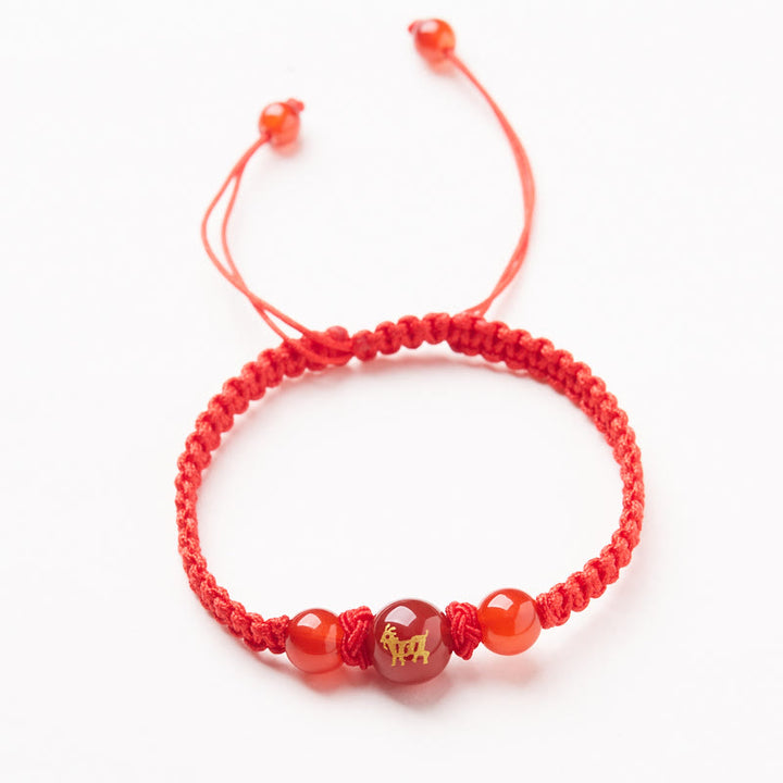 Buddha Stones Natural Red Agate Chinese Zodiac Red String Braided Protection Luck Bracelet