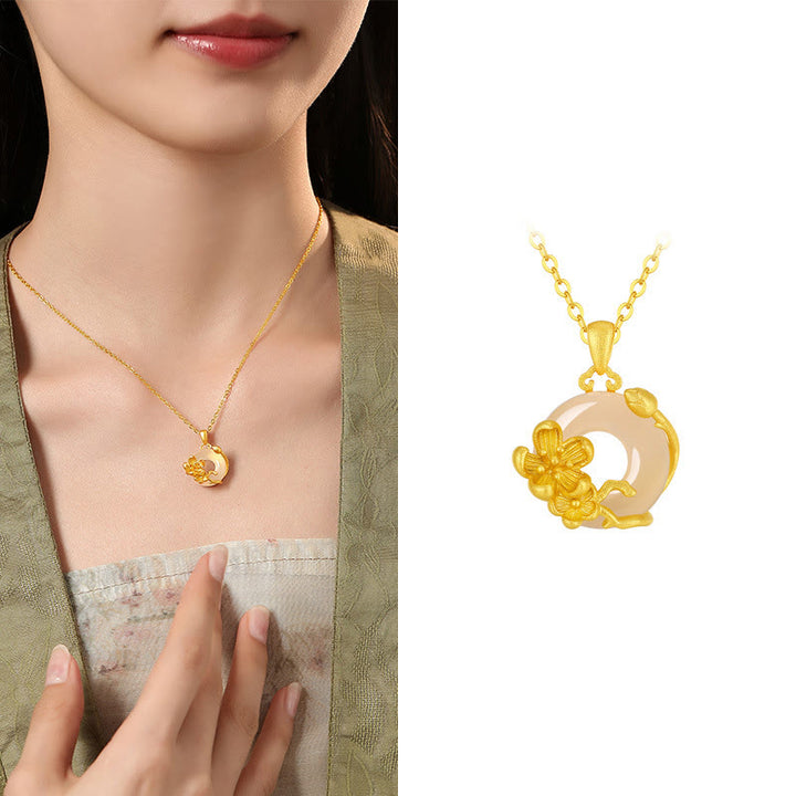 Buddha Stones Chalcedony 925 Sterling Silver Peace Buckle Flowers Necklace Pendant - Plum Blossom - Golden 925 Sterling Silver Chalcedony - image 7