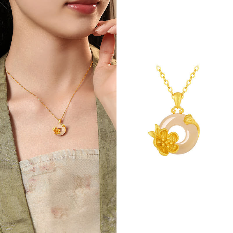 Buddha Stones Chalcedony 925 Sterling Silver Peace Buckle Flowers Necklace Pendant - Apricot Blossom - Golden 925 Sterling Silver Chalcedony - image 3