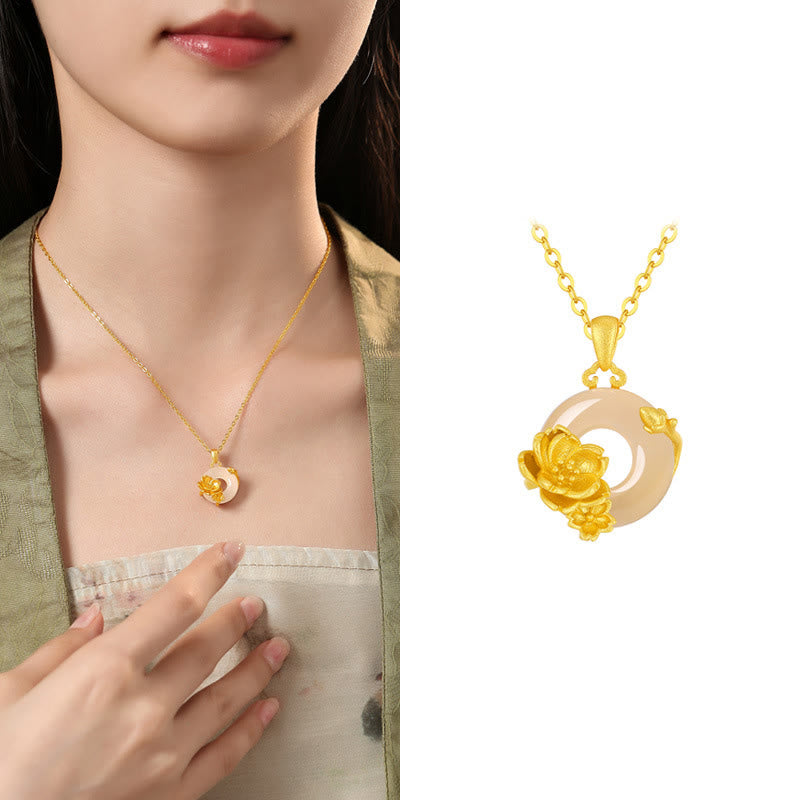 Buddha Stones Chalcedony 925 Sterling Silver Peace Buckle Flowers Necklace Pendant - Peach Blossom - Golden 925 Sterling Silver Chalcedony - image 9