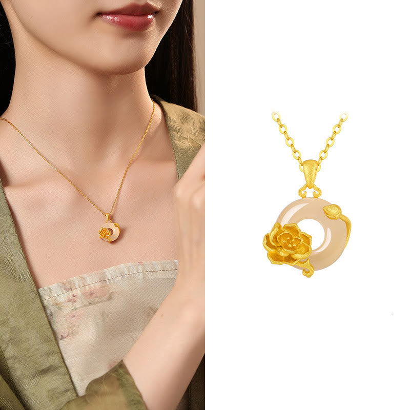 Buddha Stones Chalcedony 925 Sterling Silver Peace Buckle Flowers Necklace Pendant - Peony - Golden 925 Sterling Silver Chalcedony - image 11