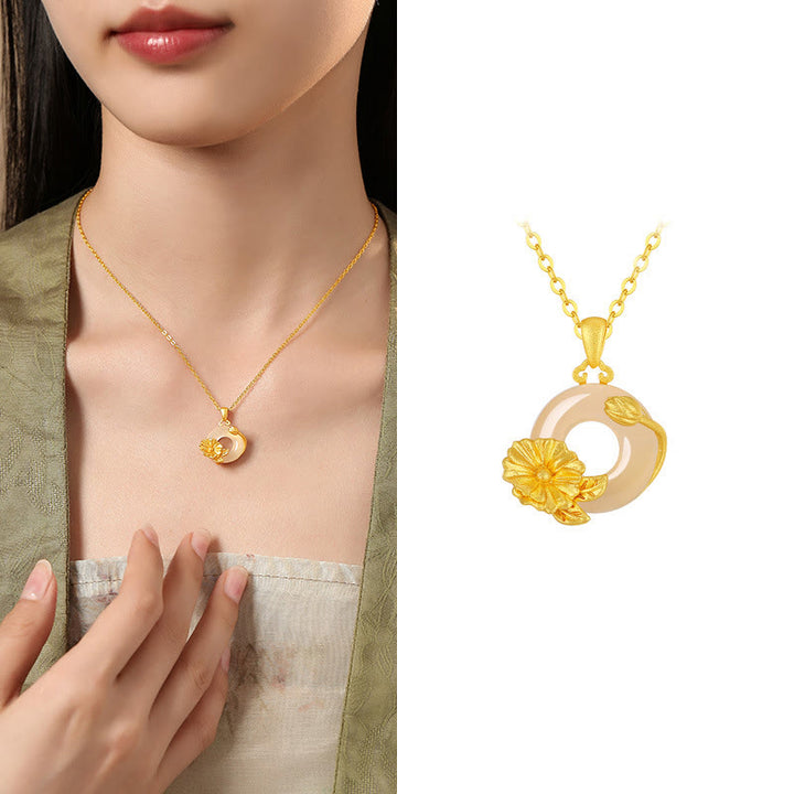 Buddha Stones Chalcedony 925 Sterling Silver Peace Buckle Flowers Necklace Pendant - Hollyhock - Golden 925 Sterling Silver Chalcedony - image 18