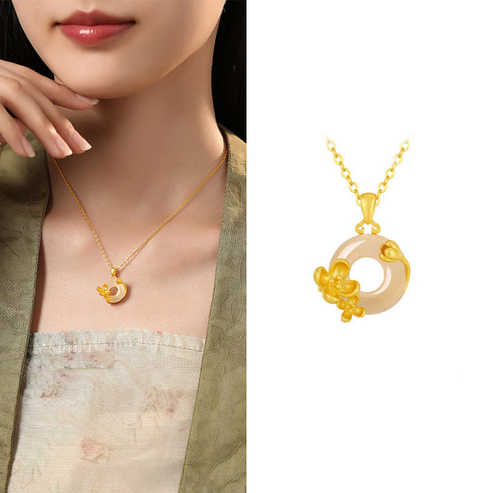 Buddha Stones Chalcedony 925 Sterling Silver Peace Buckle Flowers Necklace Pendant - Osmanthus - Golden 925 Sterling Silver Chalcedony - image 20