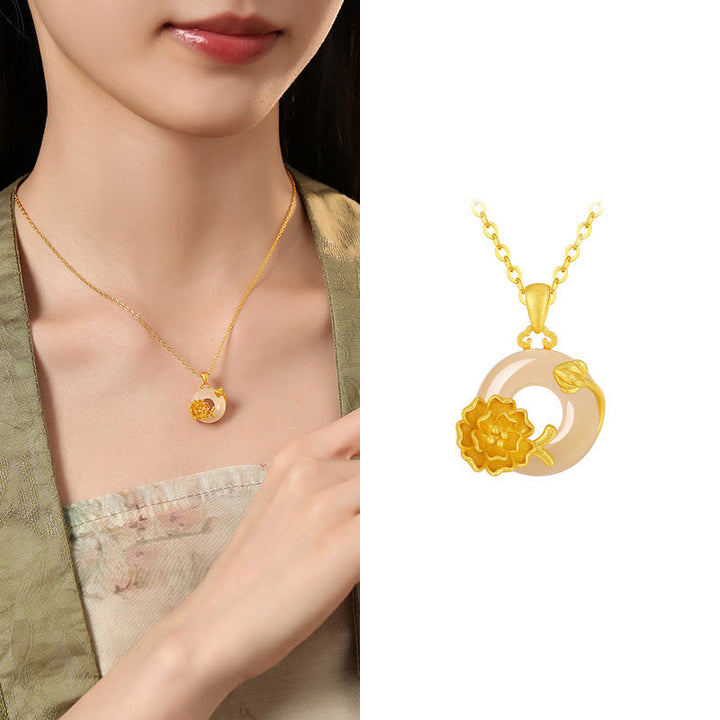 Buddha Stones Chalcedony 925 Sterling Silver Peace Buckle Flowers Necklace Pendant - Hibiscus - Golden 925 Sterling Silver Chalcedony - image 24