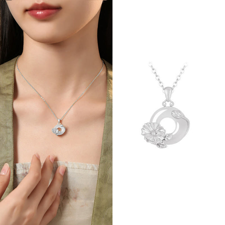 Buddha Stones Chalcedony 925 Sterling Silver Peace Buckle Flowers Necklace Pendant - Hollyhock - 925 Sterling Silver Chalcedony - image 35