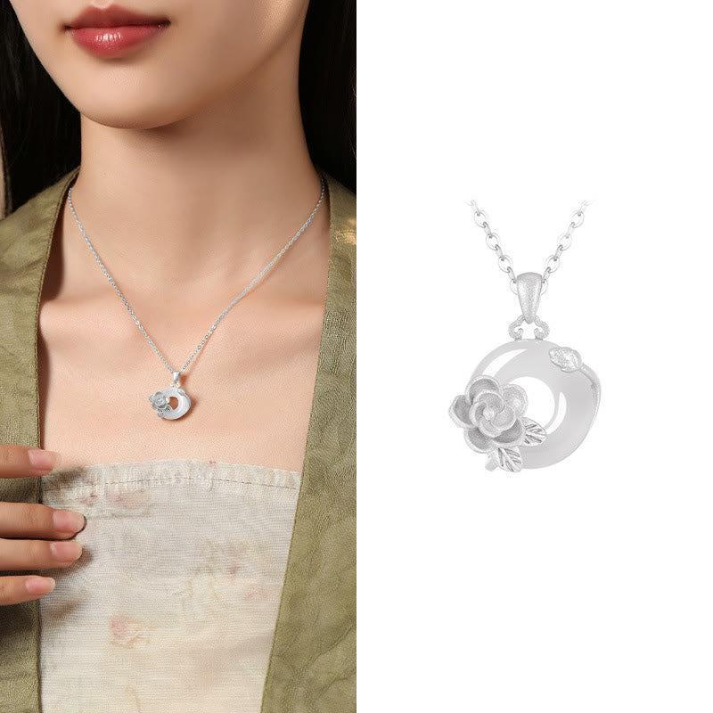 Buddha Stones Chalcedony 925 Sterling Silver Peace Buckle Flowers Necklace Pendant - Camellia - 925 Sterling Silver Chalcedony - image 39