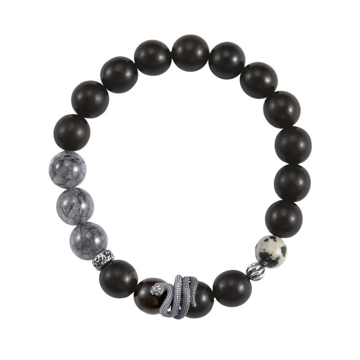 Buddha Stones Ebony Wood Black Rutilated Quartz 925 Sterling Silver Year Of The Snake Balance Bracelet - image 9