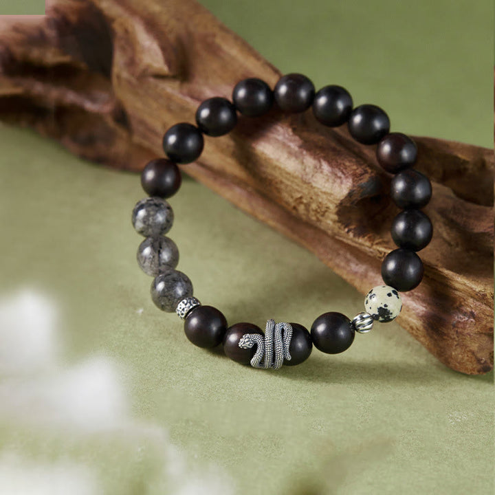 Buddha Stones Ebony Wood Black Rutilated Quartz 925 Sterling Silver Year Of The Snake Balance Bracelet - image 2