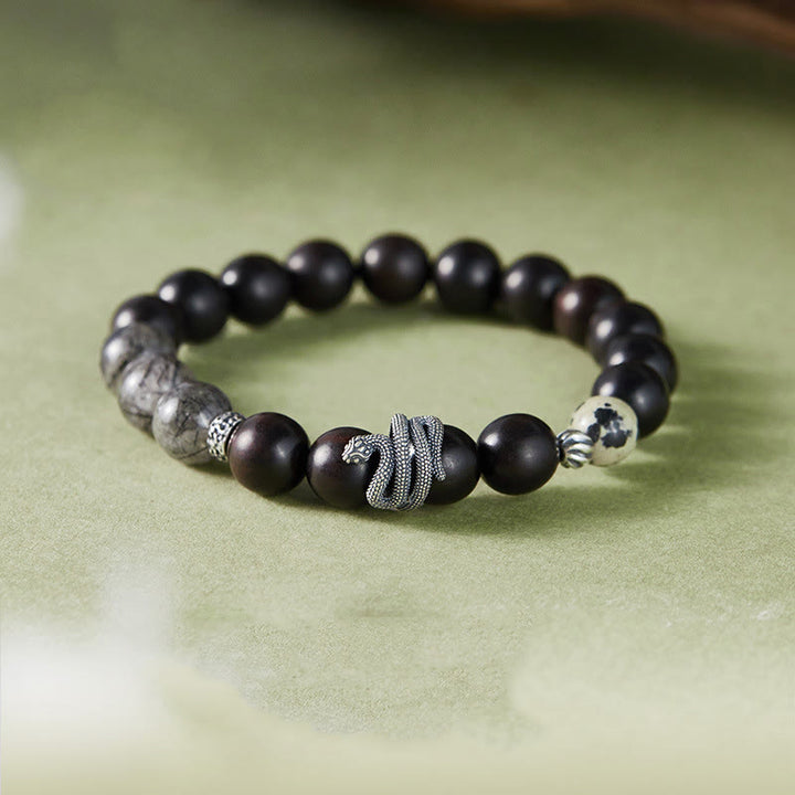 Buddha Stones Ebony Wood Black Rutilated Quartz 925 Sterling Silver Year Of The Snake Balance Bracelet