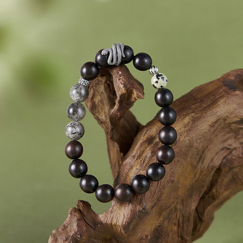 Buddha Stones Ebony Wood Black Rutilated Quartz 925 Sterling Silver Year Of The Snake Balance Bracelet - image 1