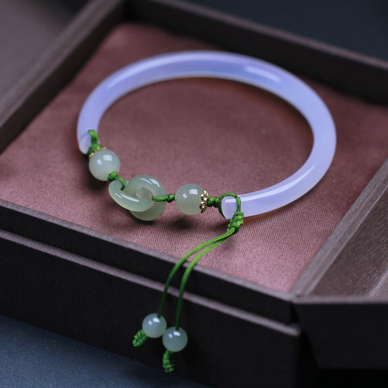 Buddha Stones Natural White Agate Hetian Jade Beads Interlocking Positive Bracelet Bangle - image 2