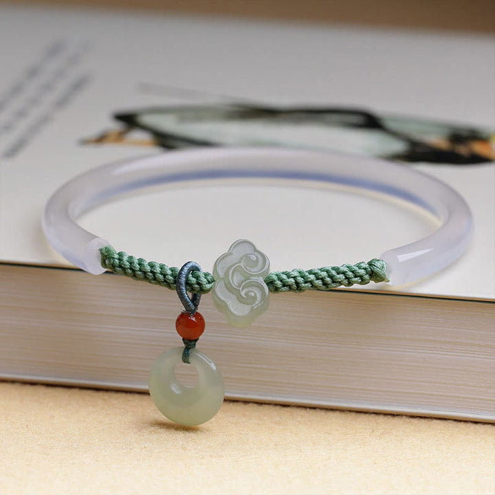 Buddha Stones Natural White Agate Hetian Jade Peace Buckle Auspicious Clouds Positive Bracelet Bangle