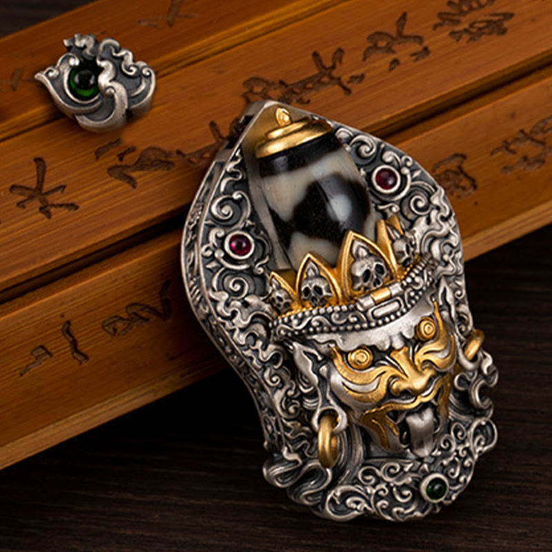 Buddha Stones 925 Sterling Silver Tibetan Zakiram Goddess of Wealth Dzi Bead Protection Necklace Pendant - image 1