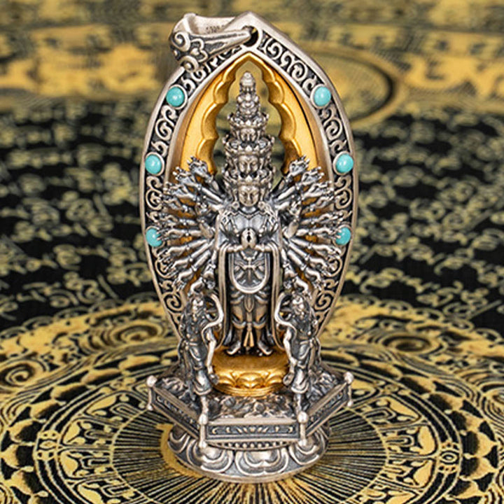 Buddha Stones 925 Sterling Silver Thousand-armed Guanyin Kwan Yin Avalokiteśvara Wealth Necklace Pendant