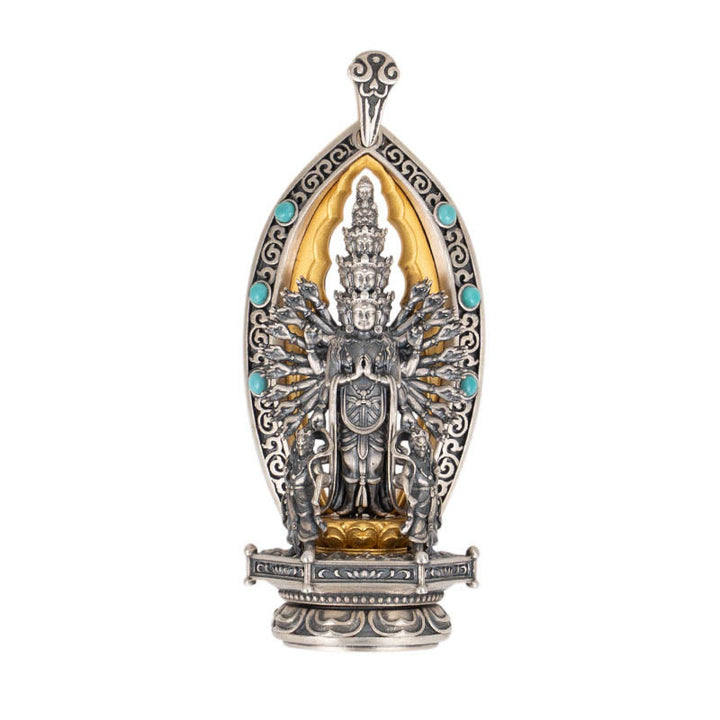 Buddha Stones 925 Sterling Silver Thousand-armed Guanyin Kwan Yin Avalokiteśvara Wealth Necklace Pendant