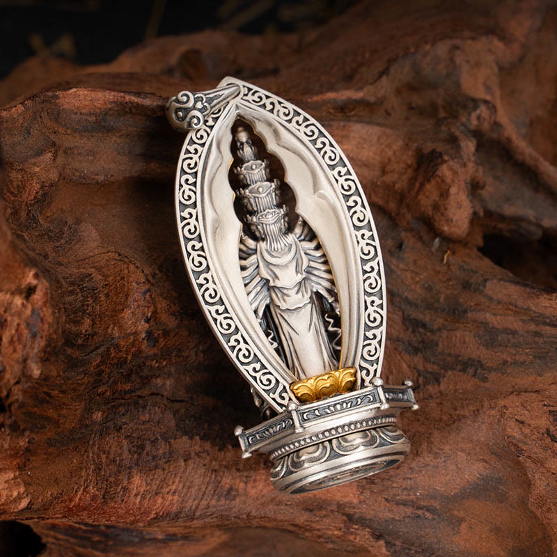 Buddha Stones 925 Sterling Silver Thousand-armed Guanyin Kwan Yin Avalokiteśvara Wealth Necklace Pendant - image 3