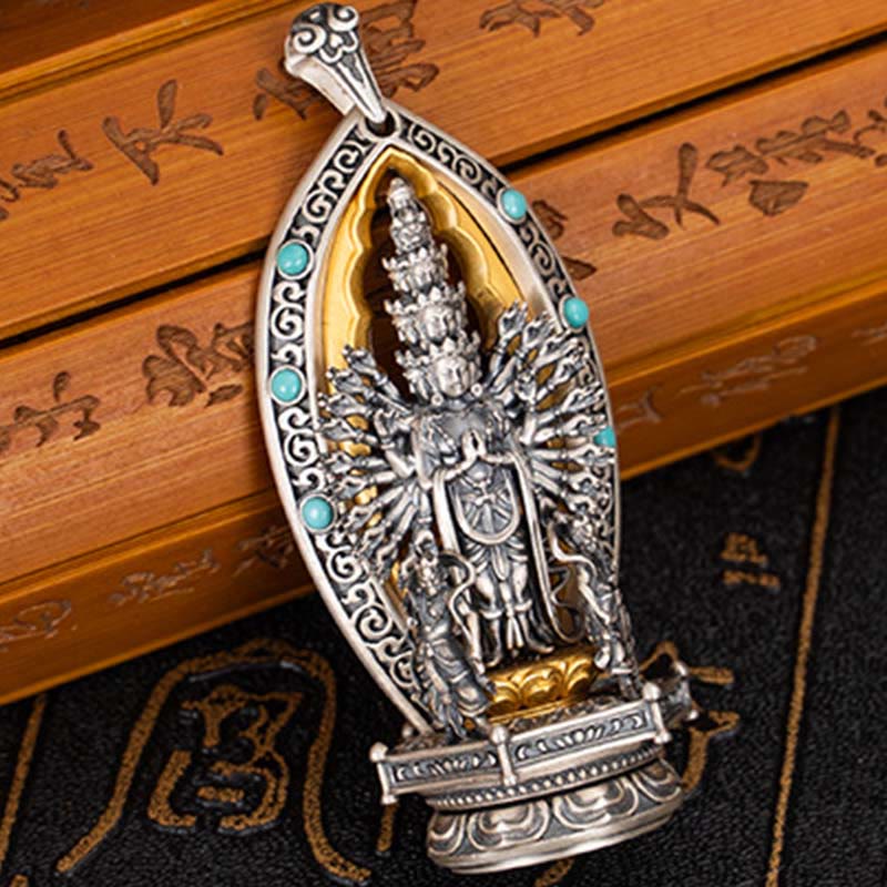 Buddha Stones 925 Sterling Silver Thousand-armed Guanyin Kwan Yin Avalokiteśvara Wealth Necklace Pendant