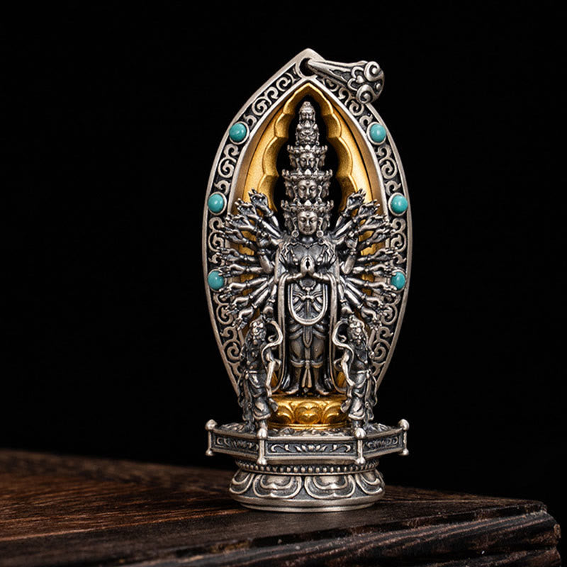 Buddha Stones 925 Sterling Silver Thousand-armed Guanyin Kwan Yin Avalokiteśvara Wealth Necklace Pendant - image 1