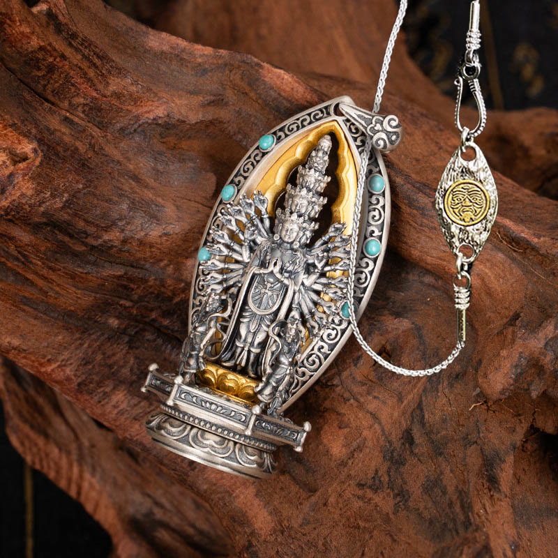 Buddha Stones 925 Sterling Silver Thousand-armed Guanyin Kwan Yin Avalokiteśvara Wealth Necklace Pendant