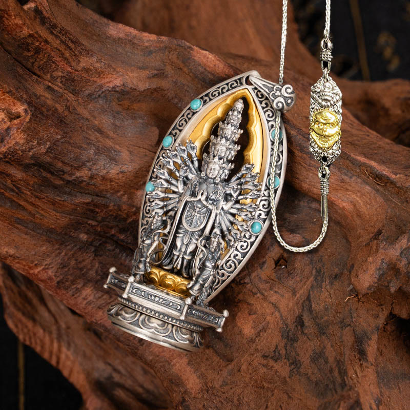 Buddha Stones 925 Sterling Silver Thousand-armed Guanyin Kwan Yin Avalokiteśvara Wealth Necklace Pendant