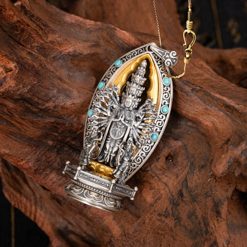 Buddha Stones 925 Sterling Silver Thousand-armed Guanyin Kwan Yin Avalokiteśvara Wealth Necklace Pendant - Avalokiteśvara&58cm Golden Copper Chain - image 13