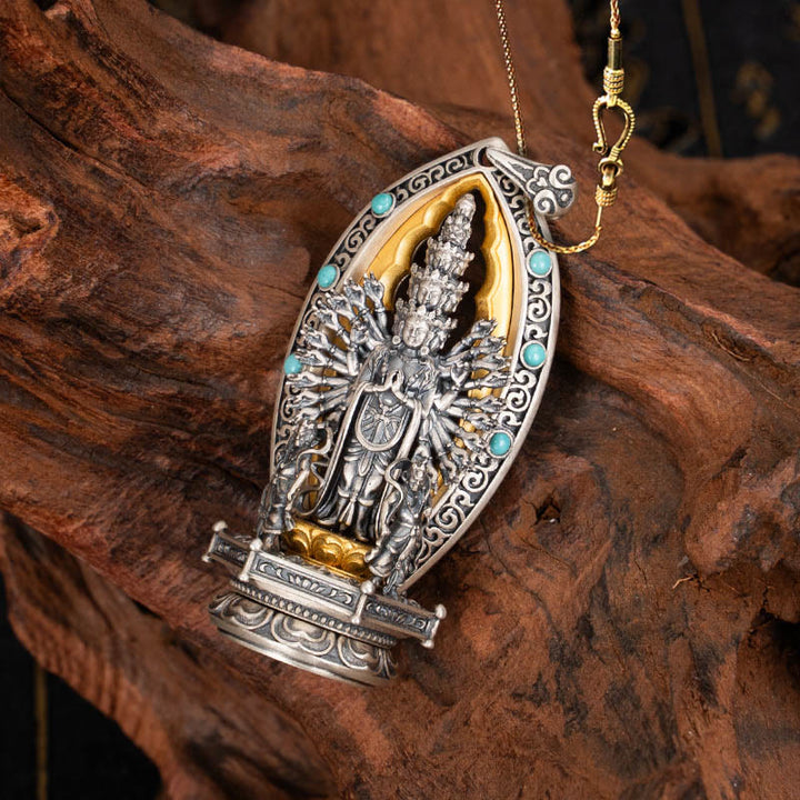 Buddha Stones 925 Sterling Silver Thousand-armed Guanyin Kwan Yin Avalokiteśvara Wealth Necklace Pendant - Avalokiteśvara&58cm Golden Copper Chain - image 13