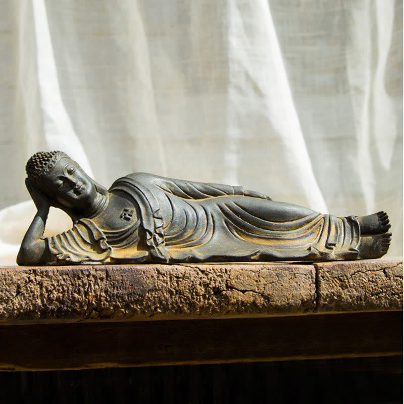 Buddha Stones Reclining Buddha Shakyamuni Iron Powder Rust Cast Resin Statue Home Decoration