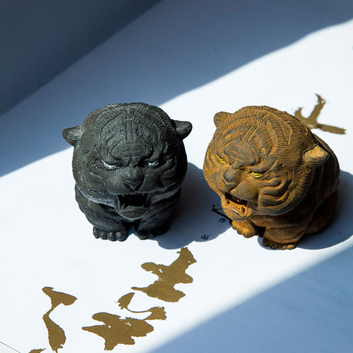 Buddha Stones Handmade Mini Roaring Tiger Iron Powder Rust Cast Resin Statue Home Decoration