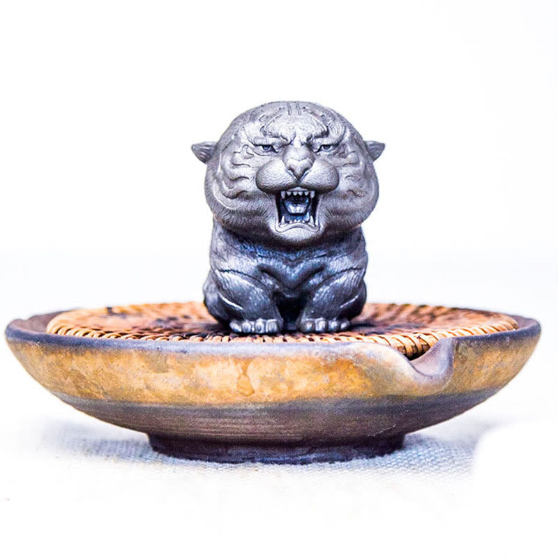 Buddha Stones Handmade Mini Roaring Tiger Iron Powder Rust Cast Resin Statue Home Decoration