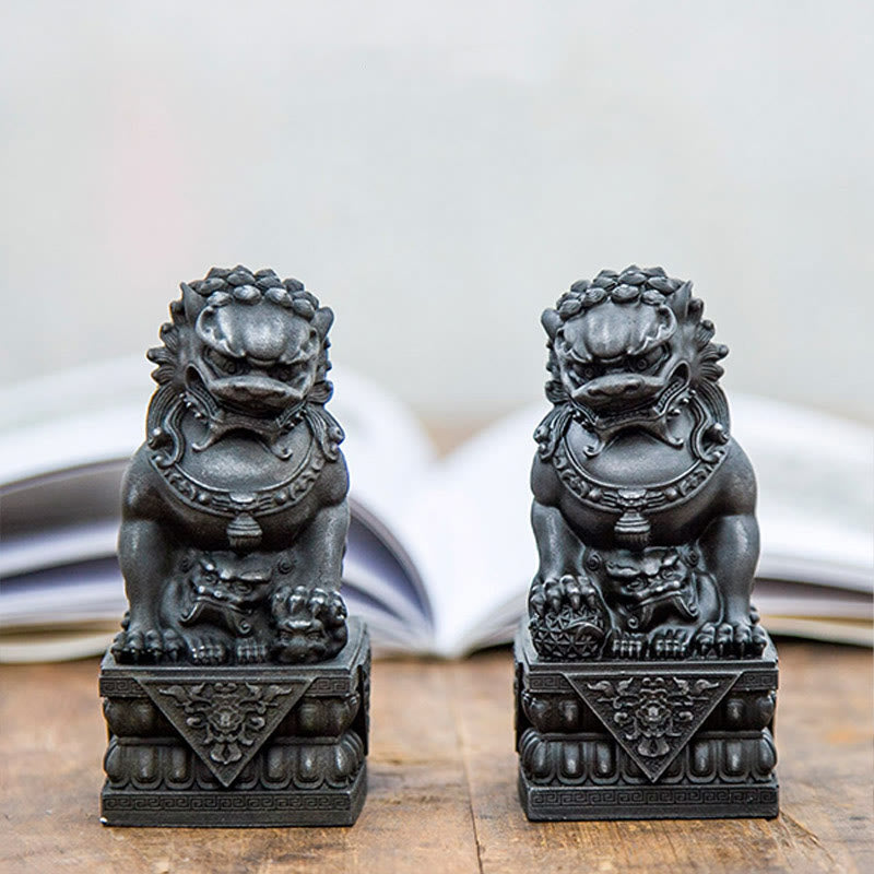 Buddha Stones Handmade Lion Fu Foo Dogs Iron Powder Rust Cast Resin Statue Ward Off Evil Protection Home Decoration