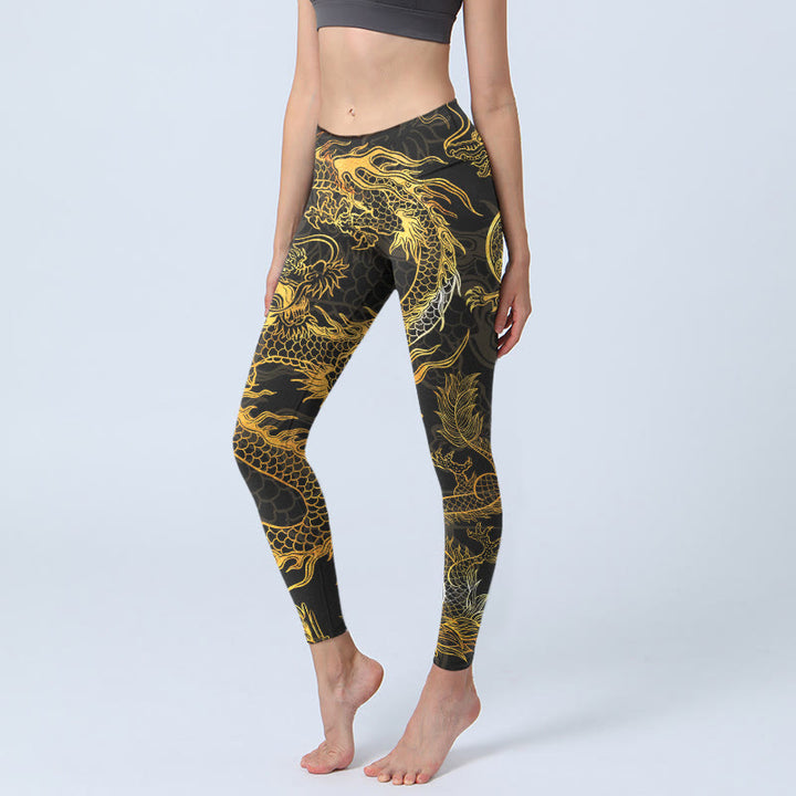 Buddha Stones Golden Dragon Print Gym Leggings Women's Yoga Pants - Black - US18，UK/AU22，EU50 (4XL) - image 0