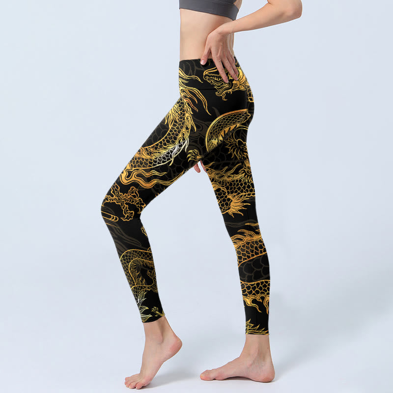 Buddha Stones Golden Dragon Print Gym Leggings Women's Yoga Pants - image 2