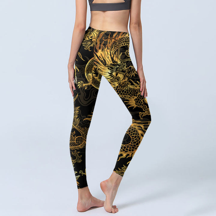 Buddha Stones Golden Dragon Print Gym Leggings Women's Yoga Pants