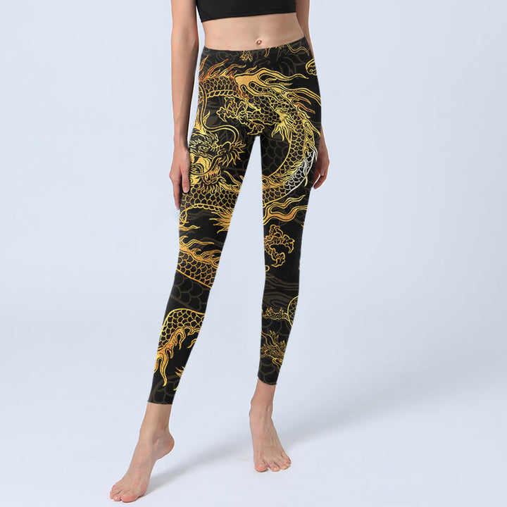 Buddha Stones Golden Dragon Print Gym Leggings Women's Yoga Pants