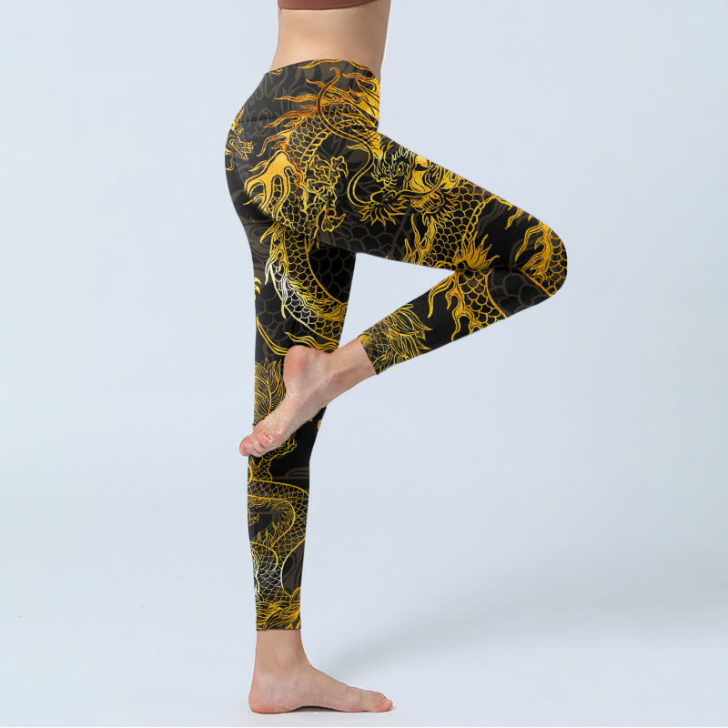 Buddha Stones Golden Dragon Print Gym Leggings Women's Yoga Pants