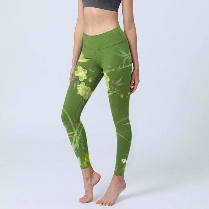 Buddha Stones Magpie Flowers Branches Print Gym Leggings Women's Yoga Pants - LimeGreen - US18，UK/AU22，EU50 (4XL) - image 0