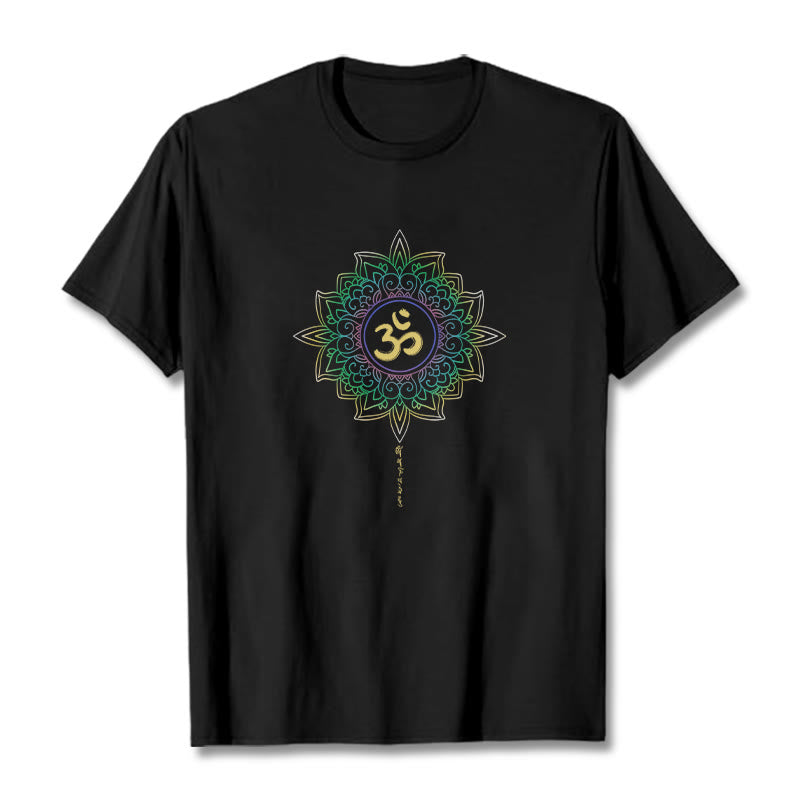 Buddha Stones OM Yellow Green Gradient Lotus Cotton Tee T-shirt - Black - 2XL - image 3