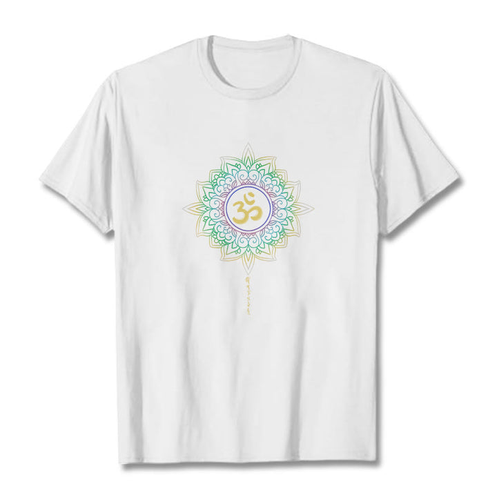 Buddha Stones OM Yellow Green Gradient Lotus Cotton Tee T-shirt - White - 2XL - image 11