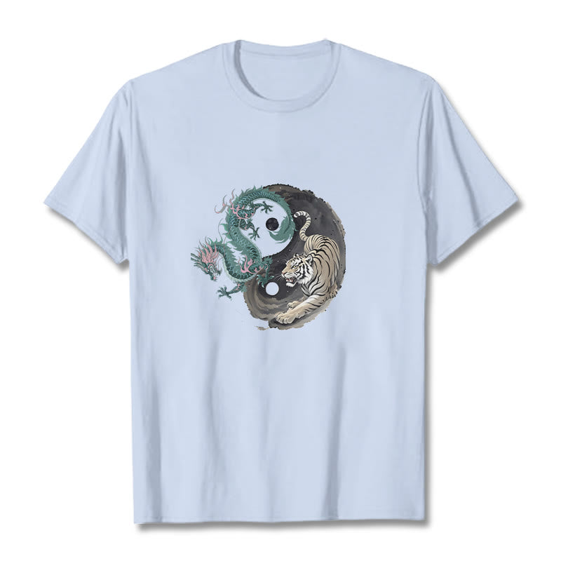 Buddha Stones Tiger Dragon Yin Yang Cotton Tee T-shirt - LightCyan - 2XL - image 9