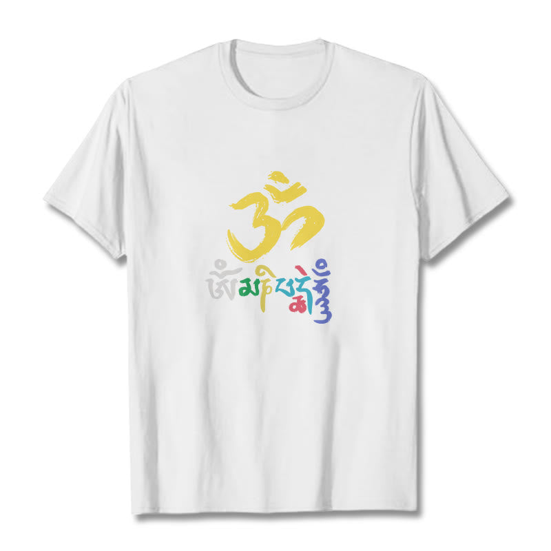 Buddha Stones Colorful Om Mani Padme Hum Cotton Tee T-shirt - White - 2XL - image 11