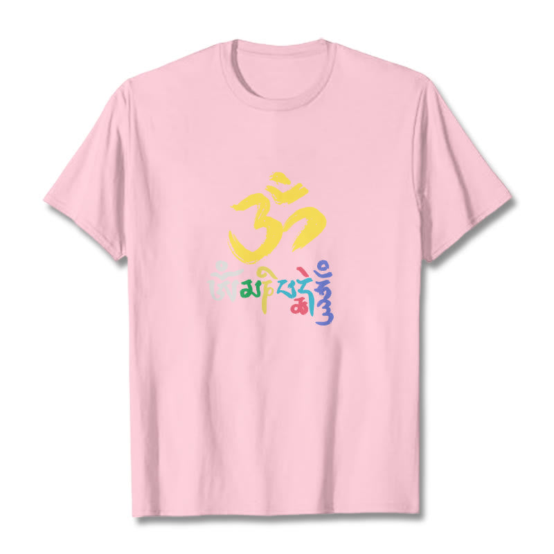 Buddha Stones Colorful Om Mani Padme Hum Cotton Tee T-shirt - LightPink - 2XL - image 19