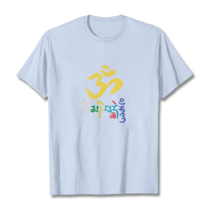Buddha Stones Colorful Om Mani Padme Hum Cotton Tee T-shirt - LightCyan - 2XL - image 8