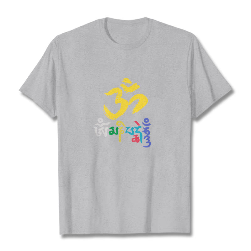 Buddha Stones Colorful Om Mani Padme Hum Cotton Tee T-shirt - LightGrey - 2XL - image 18