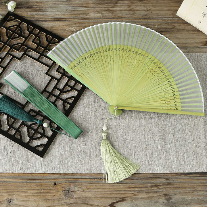 Buddha Stones Solid Color Dragonfly Tassel Handheld Mulberry Silk Bamboo Folding Fan