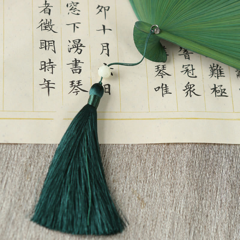 Buddha Stones Solid Color Dragonfly Tassel Handheld Mulberry Silk Bamboo Folding Fan