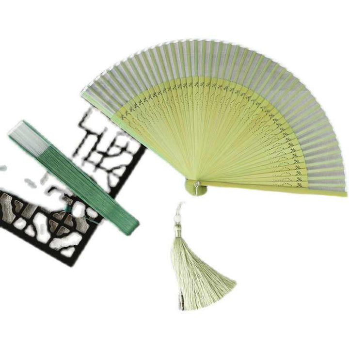 Buddha Stones Solid Color Dragonfly Tassel Handheld Mulberry Silk Bamboo Folding Fan