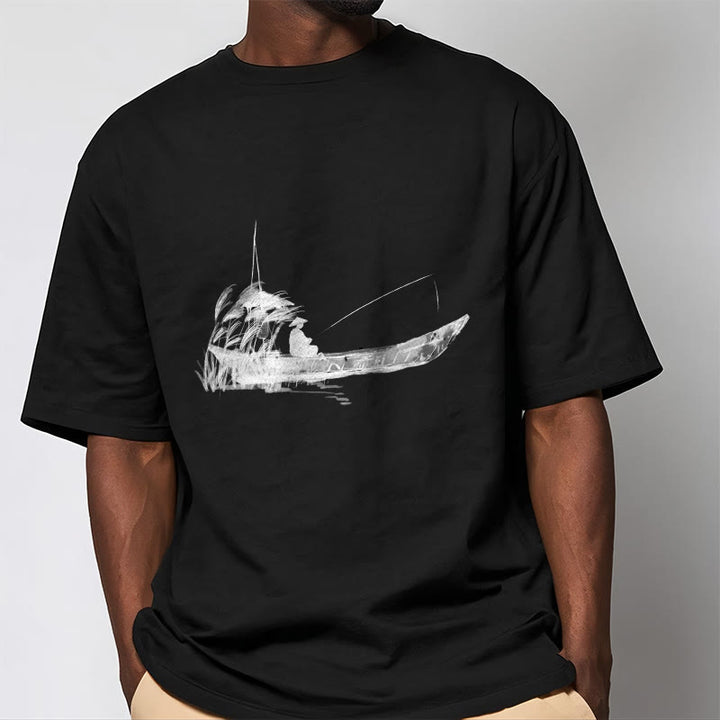 Buddha Stones Boat Fishing Grass Pattern Cotton Tee T-shirt - image 13